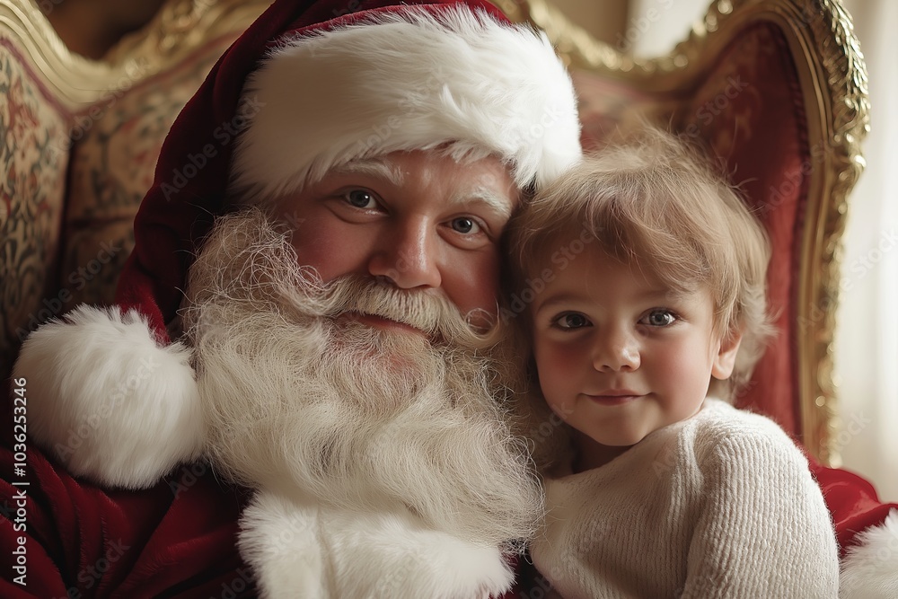 Portrait of Santa Claus sitting in armchair with kid on his knees Portrait of Santa Claus sitting in armchair with kid on his knees