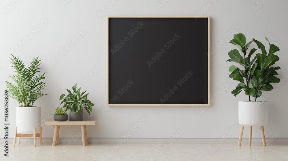 Minimalist interior with a blank black frame, greenery, and light decor, perfect for modern design concepts. Minimalist interior with a blank black frame, greenery, and light decor, perfect for modern design concepts.