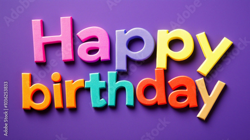 Happy birthday in vibrant colored letters, purple background