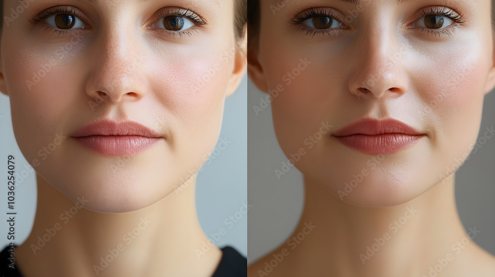 Fototapeta premium Anti-wrinkle cream application video tutorial, highlighting technique and transformation around the mouth area, ending with before-and-after close-up shots, Realistic, High-Resolution