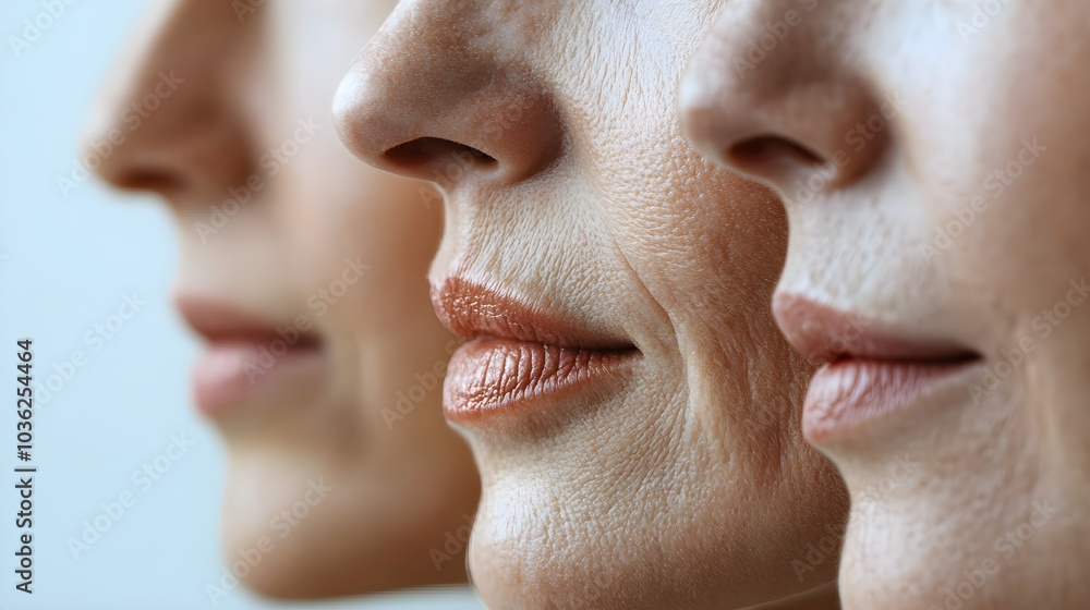 Obraz premium Time-lapse of a series of anti-aging treatments, featuring fine lines around the mouth diminishing and skin becoming visibly smoother in before-and-after shots