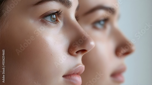 Before-and-after comparison of a patient's nose, highlighting smoother nasal contour and improved breathing, split-screen format, Clean Background, Soft Focus