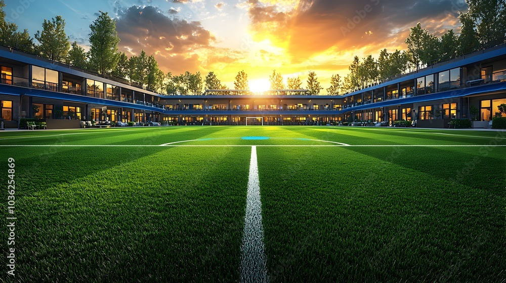 A photograph showcasing a modern soccer stadium featuring advanced holographic goal line technology displayed near the goalposts The field and sky offer ample space for various text overlays A photograph showcasing a modern soccer stadium featuring advanced holographic goal line technology displayed near the goalposts The field and sky offer ample space for various text overlays