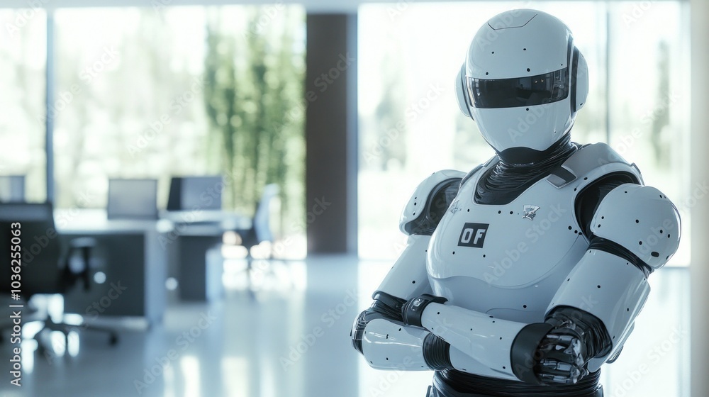 A humanoid robot stands in a modern office space, showcasing advanced technology. A humanoid robot stands in a modern office space, showcasing advanced technology.
