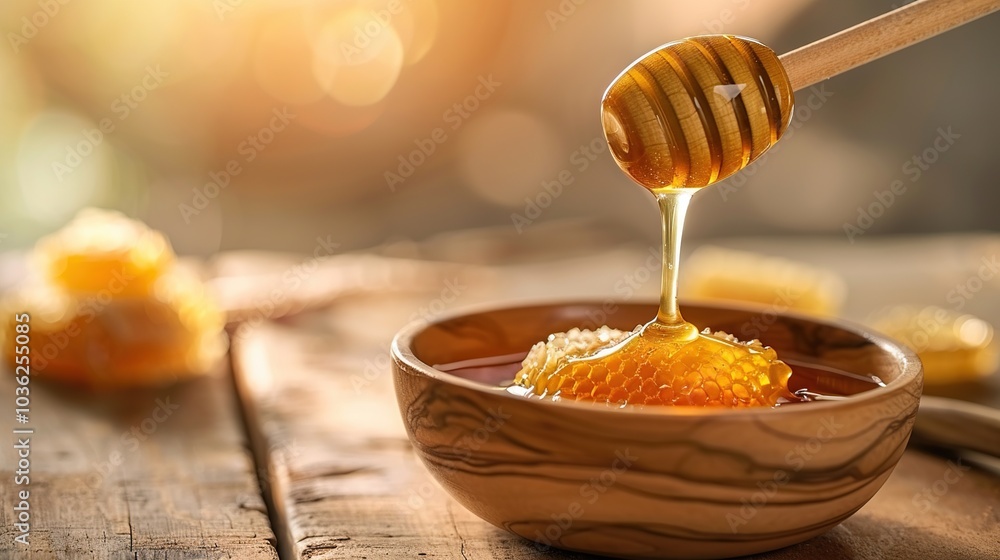 Fototapeta premium Honey dripping from honey dipper in wooden bowl with honeycomb on wooden table