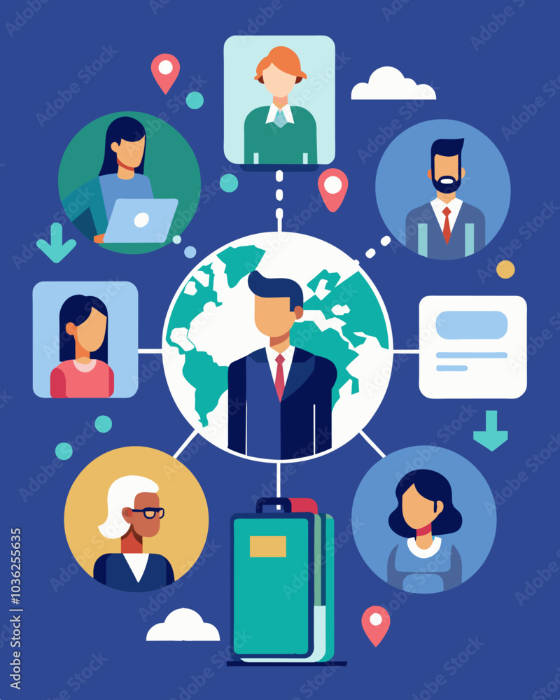 An organization switches to virtual meetings and telecommuting options for employees reducing the need for business travel and its impact on the environment.. Vector illustration An organization switches to virtual meetings and telecommuting options for employees reducing the need for business travel and its impact on the environment.. Vector illustration