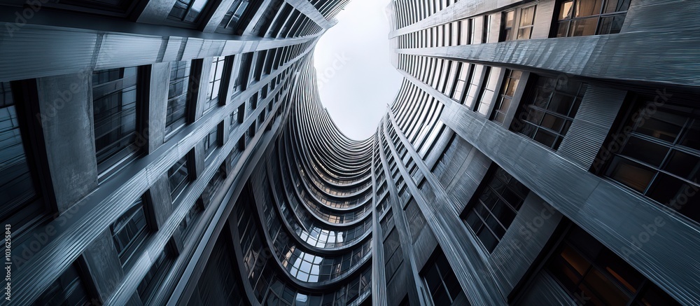 Obraz premium A dramatic upward view of a modern, spiraling architectural structure.