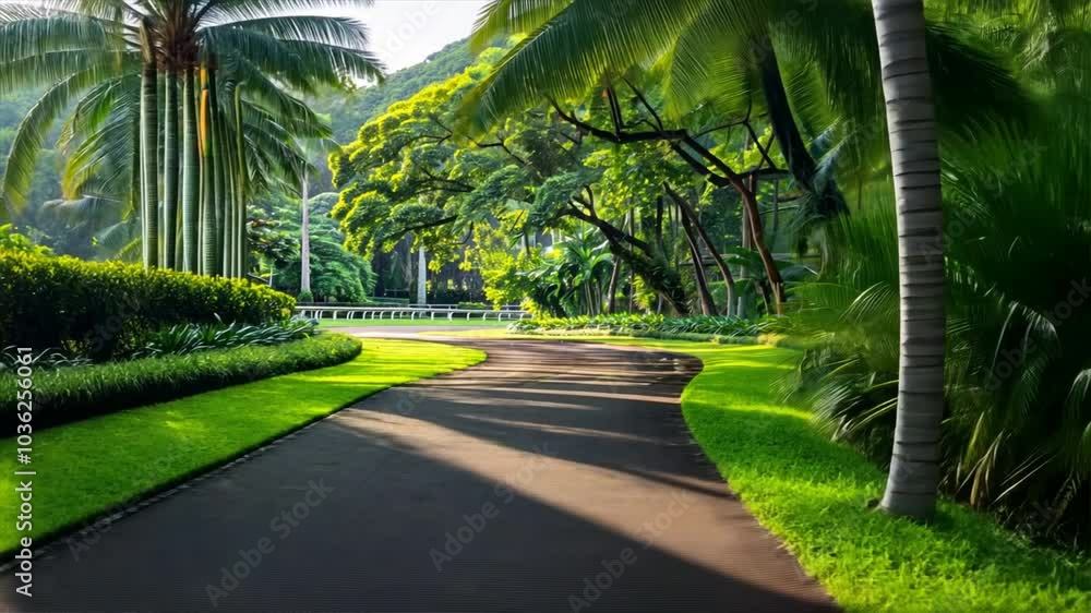 Serene pathway winds through lush green landscape with palm trees and vibrant foliage, where sunlight filters through leaves, creating peaceful outdoor park perfect for nature lovers. Serene pathway winds through lush green landscape with palm trees and vibrant foliage, where sunlight filters through leaves, creating peaceful outdoor park perfect for nature lovers.
