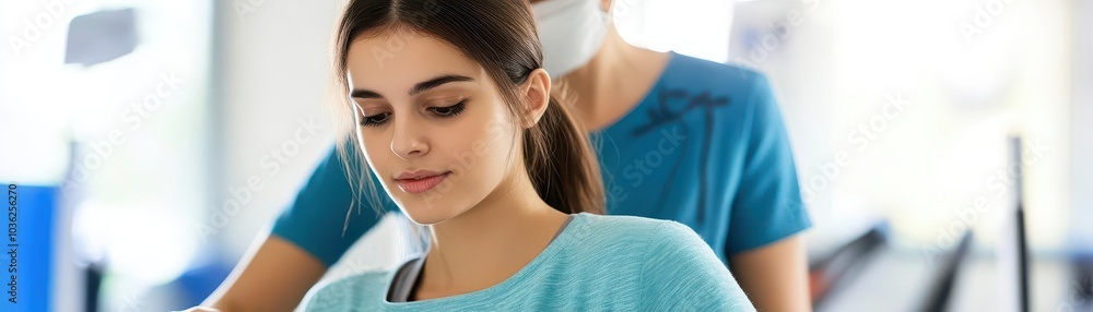 A physical therapist supports a patient during a rehabilitation session, focusing on improving mobility and strength in a clinical environment. A physical therapist supports a patient during a rehabilitation session, focusing on improving mobility and strength in a clinical environment.