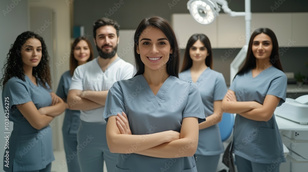 Concept of dentistry. Dental services. A team of professionals in a dental clinic. Three beautiful female dentists smile and look at camera in dental clinic Concept of dentistry. Dental services. A team of professionals in a dental clinic. Three beautiful female dentists smile and look at camera in dental clinic