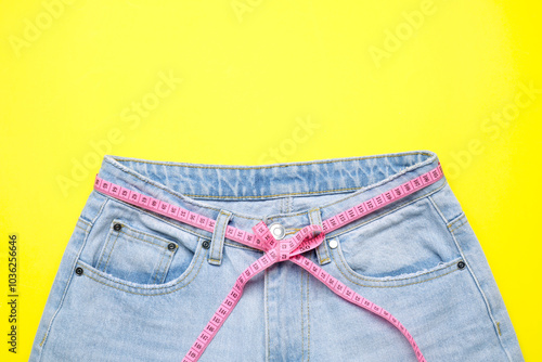 Jeans and measuring tape on yellow background, top view