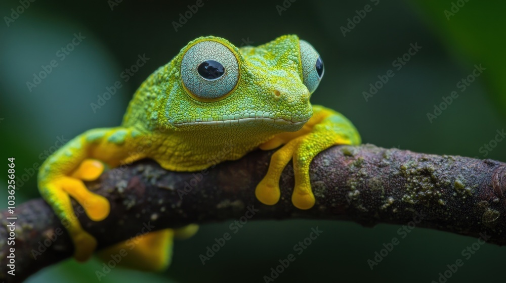 Obraz premium A vibrant green frog perched on a branch, showcasing its striking colors and large eyes.