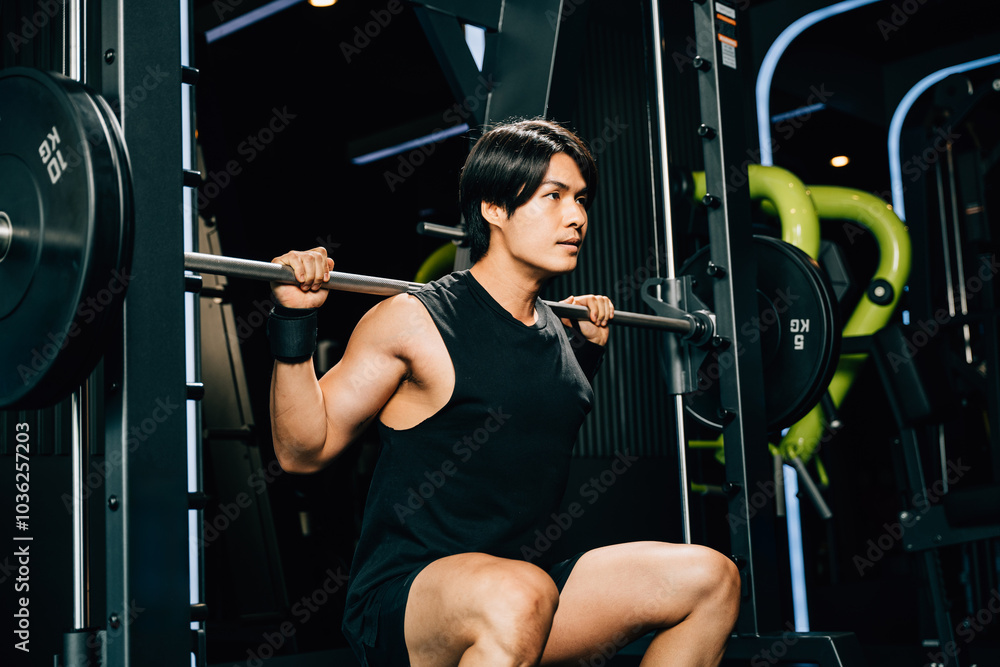Asian muscular man guy performing a squat exercise legs heavy weights with a barbell in gym interior, male doing lifting barbell work out at fitness gym, sport workout healthy lifestyle concept Asian muscular man guy performing a squat exercise legs heavy weights with a barbell in gym interior, male doing lifting barbell work out at fitness gym, sport workout healthy lifestyle concept