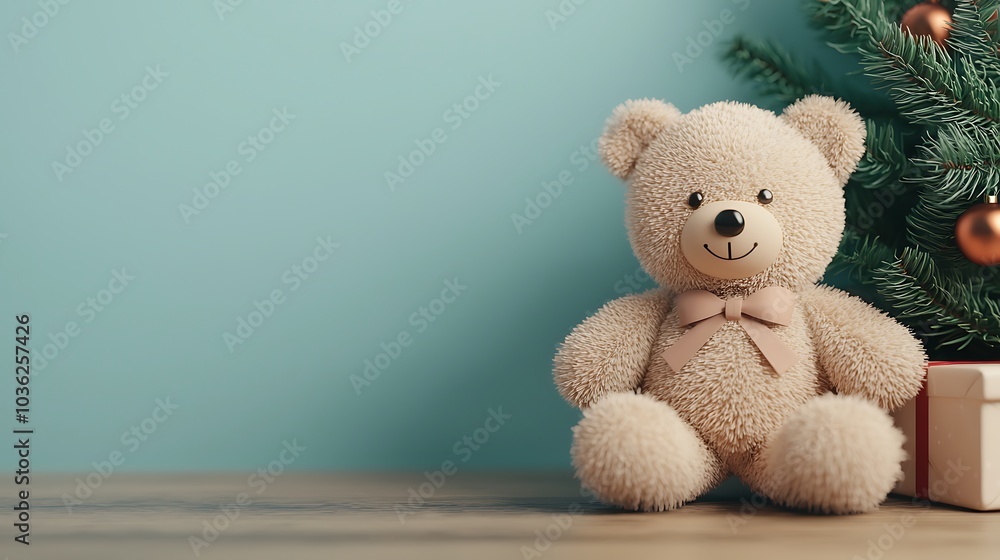 Adorable teddy bear sitting next to a christmas tree with ornaments and a present perfect for holiday decor and gifts Adorable teddy bear sitting next to a christmas tree with ornaments and a present perfect for holiday decor and gifts