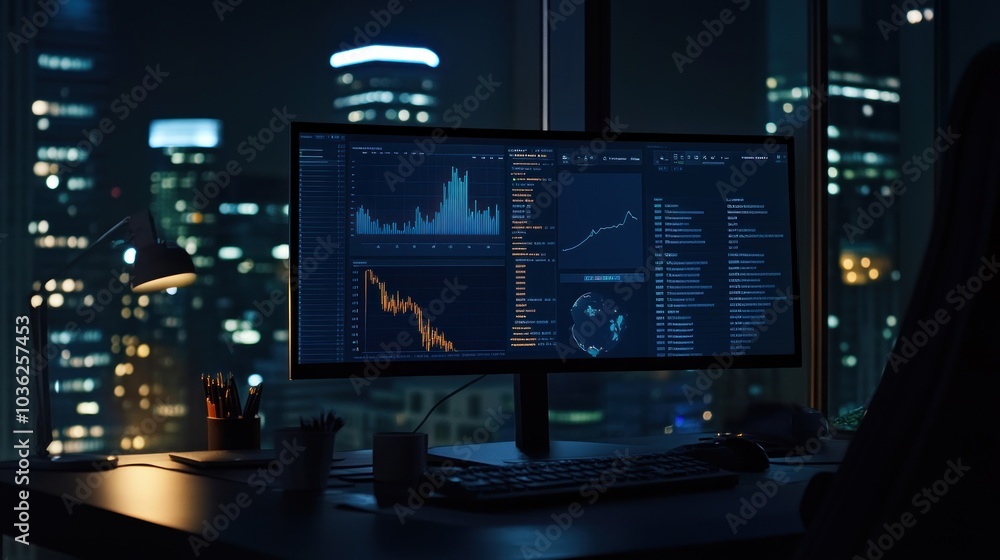 A computer monitor displaying financial data and graphs in a dimly lit office at night. A computer monitor displaying financial data and graphs in a dimly lit office at night.