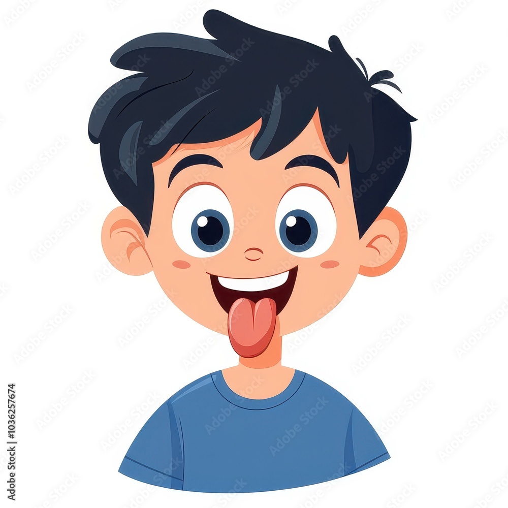 A cheerful cartoon boy in a vibrant flat design playfully sticks his tongue out, set against a clean white backdrop. A cheerful cartoon boy in a vibrant flat design playfully sticks his tongue out, set against a clean white backdrop.