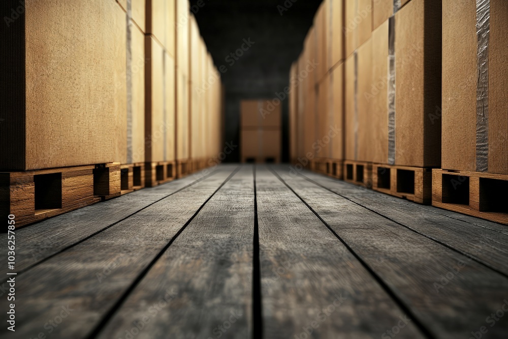 A view of a narrow wooden path lined with stacked crates, creating a sense of depth and storage space in a warehouse-like setting. A view of a narrow wooden path lined with stacked crates, creating a sense of depth and storage space in a warehouse-like setting.