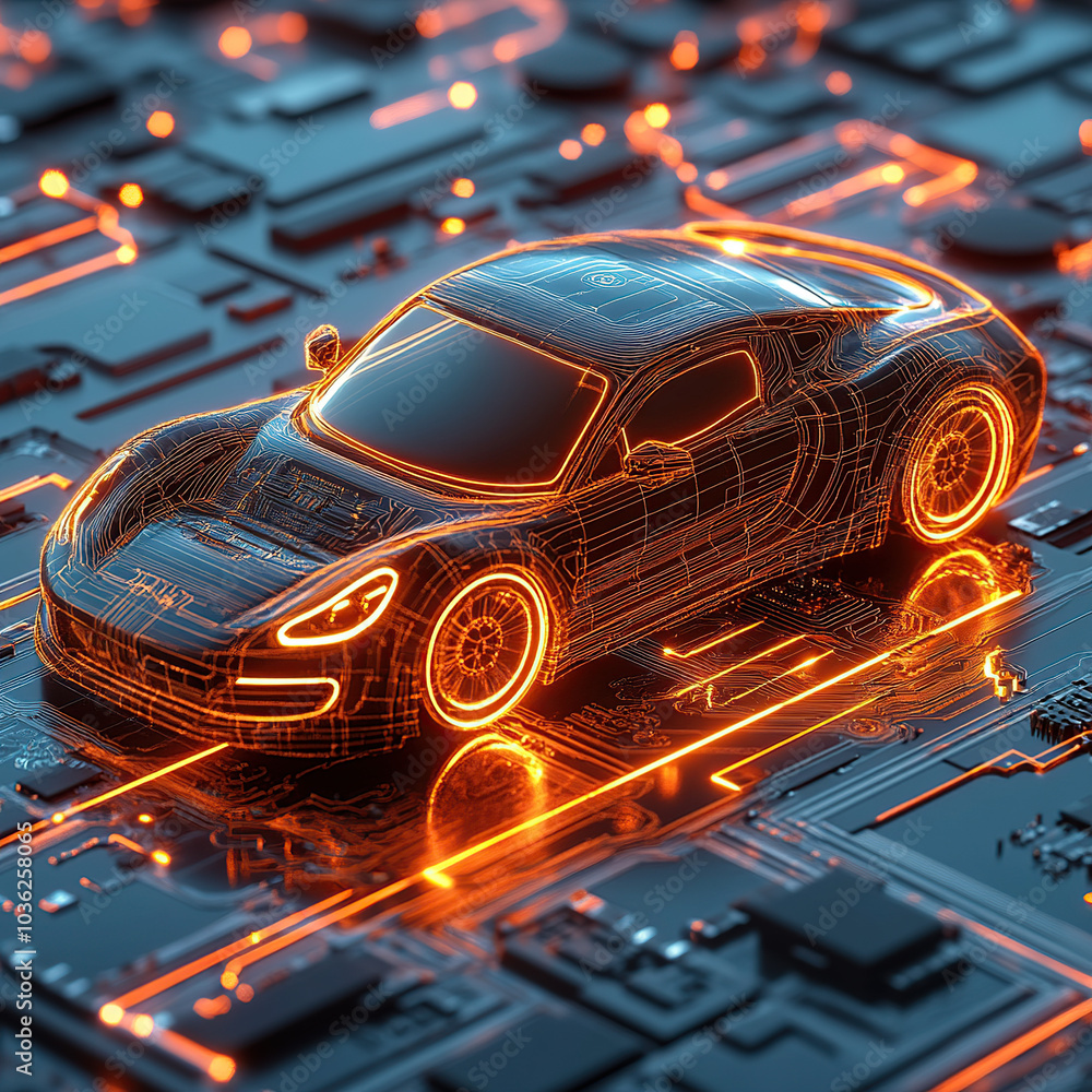 A car with an industrial blueprint is shown in a blue wireframe hologram style on the background of digital technology and circuit board A car with an industrial blueprint is shown in a blue wireframe hologram style on the background of digital technology and circuit board