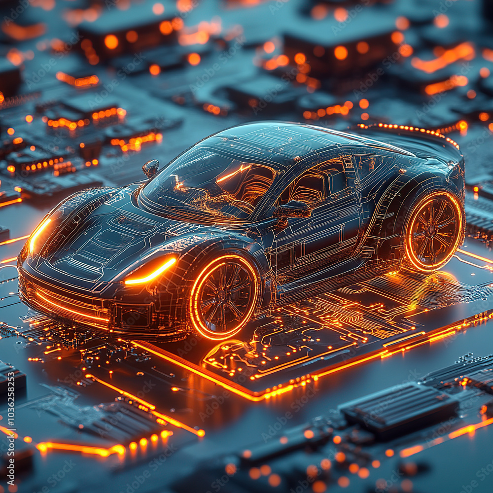 A car with an industrial blueprint is shown in a blue wireframe hologram style on the background of digital technology and circuit board A car with an industrial blueprint is shown in a blue wireframe hologram style on the background of digital technology and circuit board
