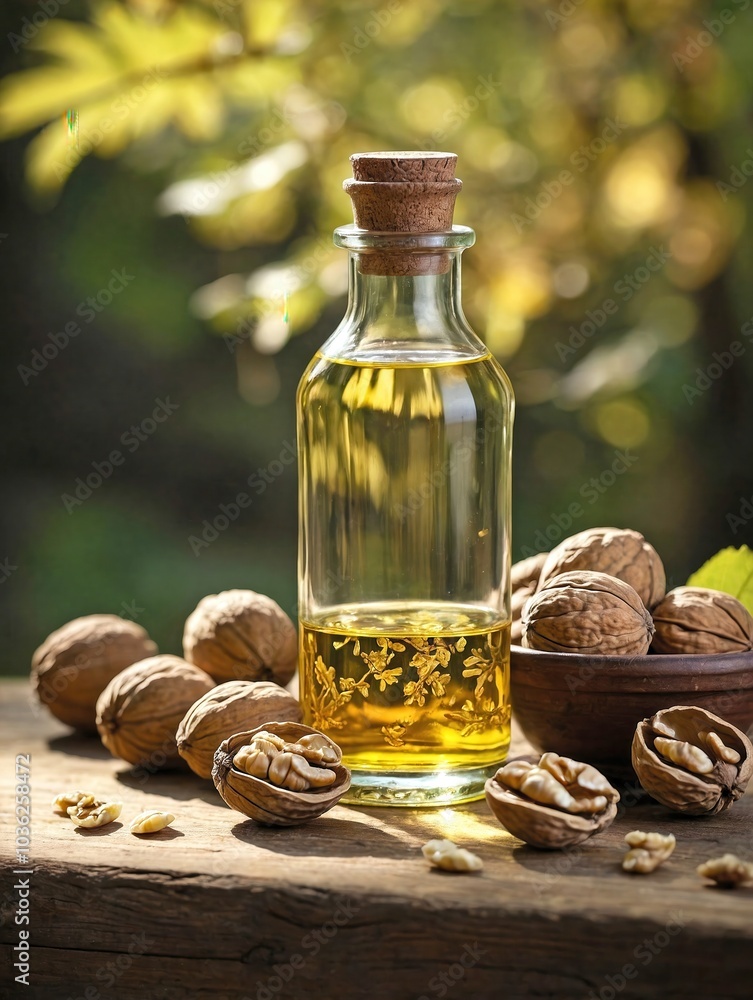 A clear glass bottle filled with light golden walnut oil sits on a rustic wooden table. A clear glass bottle filled with light golden walnut oil sits on a rustic wooden table.