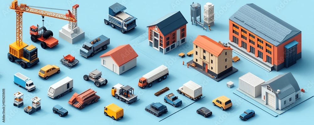 A collection of 3D isometric projections including houses, buildings, cranes, and cars, offering essential elements for innovative design projects A collection of 3D isometric projections including houses, buildings, cranes, and cars, offering essential elements for innovative design projects
