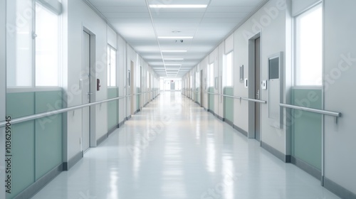 Empty modern hospital corridor, clinic hallway interior background