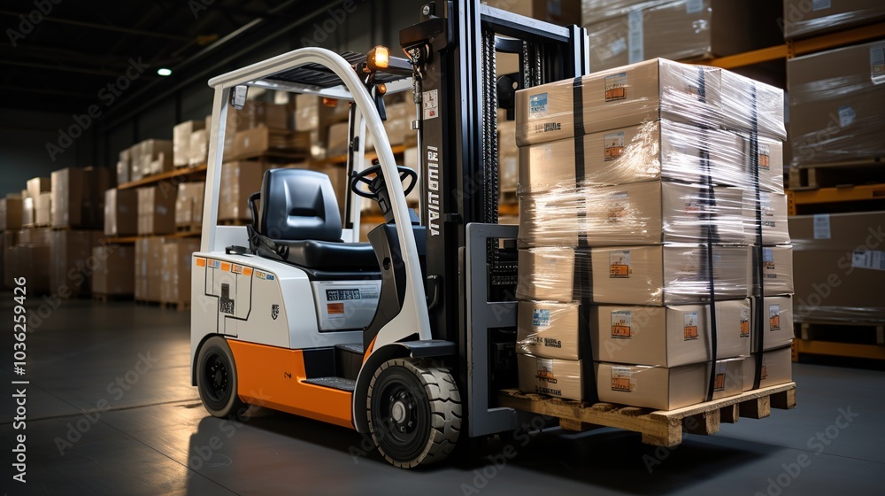 Naklejka premium pallet loader truck equipment is loading stacks of cardboard 