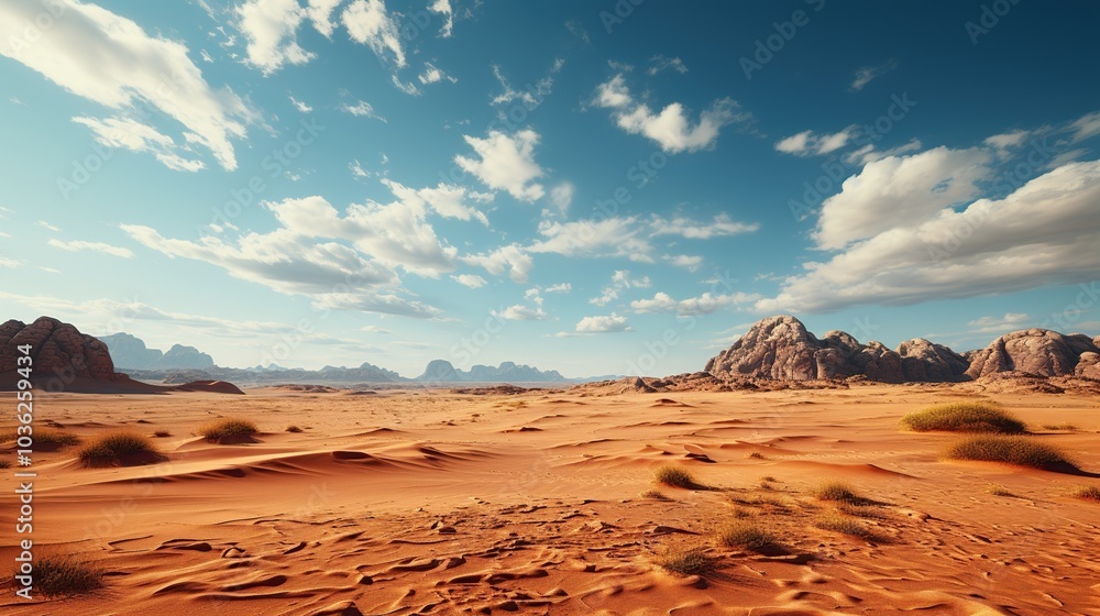Naklejka premium Desert landscape with blue sky and white clouds