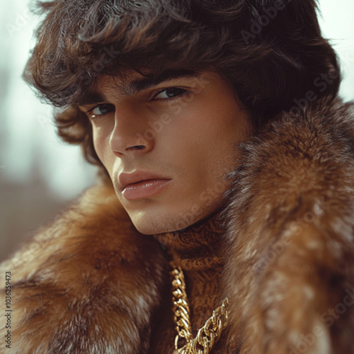 Fashionable man wearing a fur coat and gold jewelry exuding luxury and confidence photo