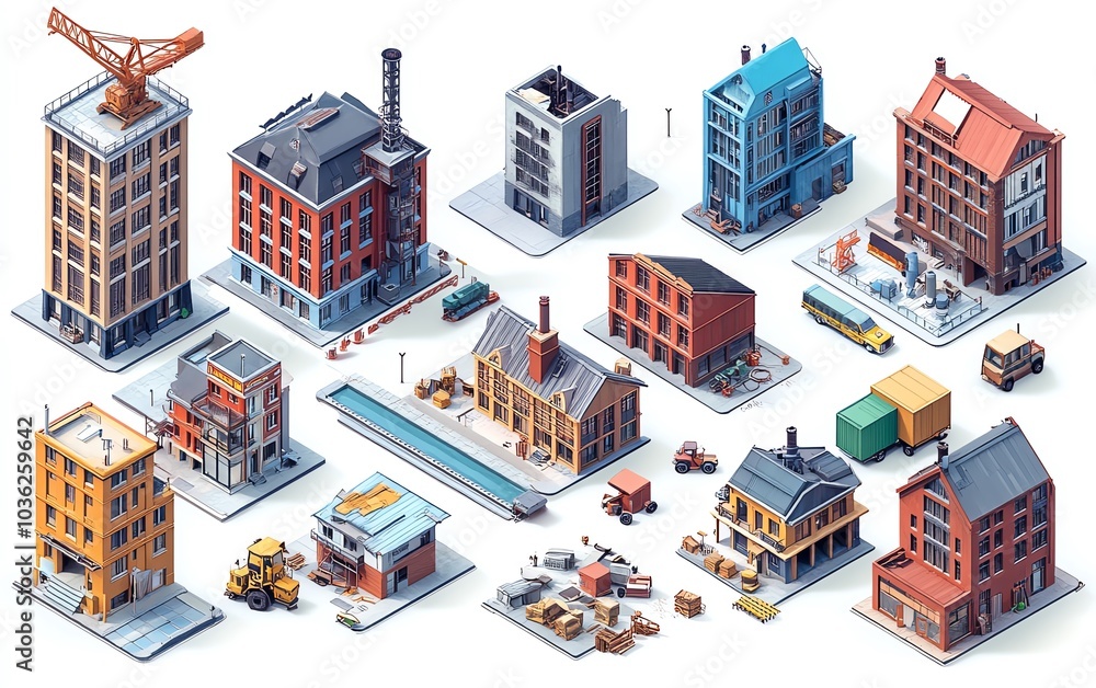Isometric projection set displaying dimensional industrial houses, buildings, cranes, and cars, designed for use in architectural and creative designs Isometric projection set displaying dimensional industrial houses, buildings, cranes, and cars, designed for use in architectural and creative designs