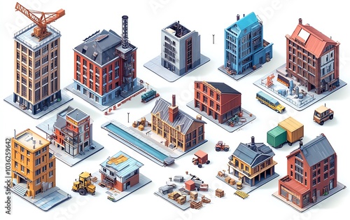 Isometric projection set displaying dimensional industrial houses, buildings, cranes, and cars, designed for use in architectural and creative designs