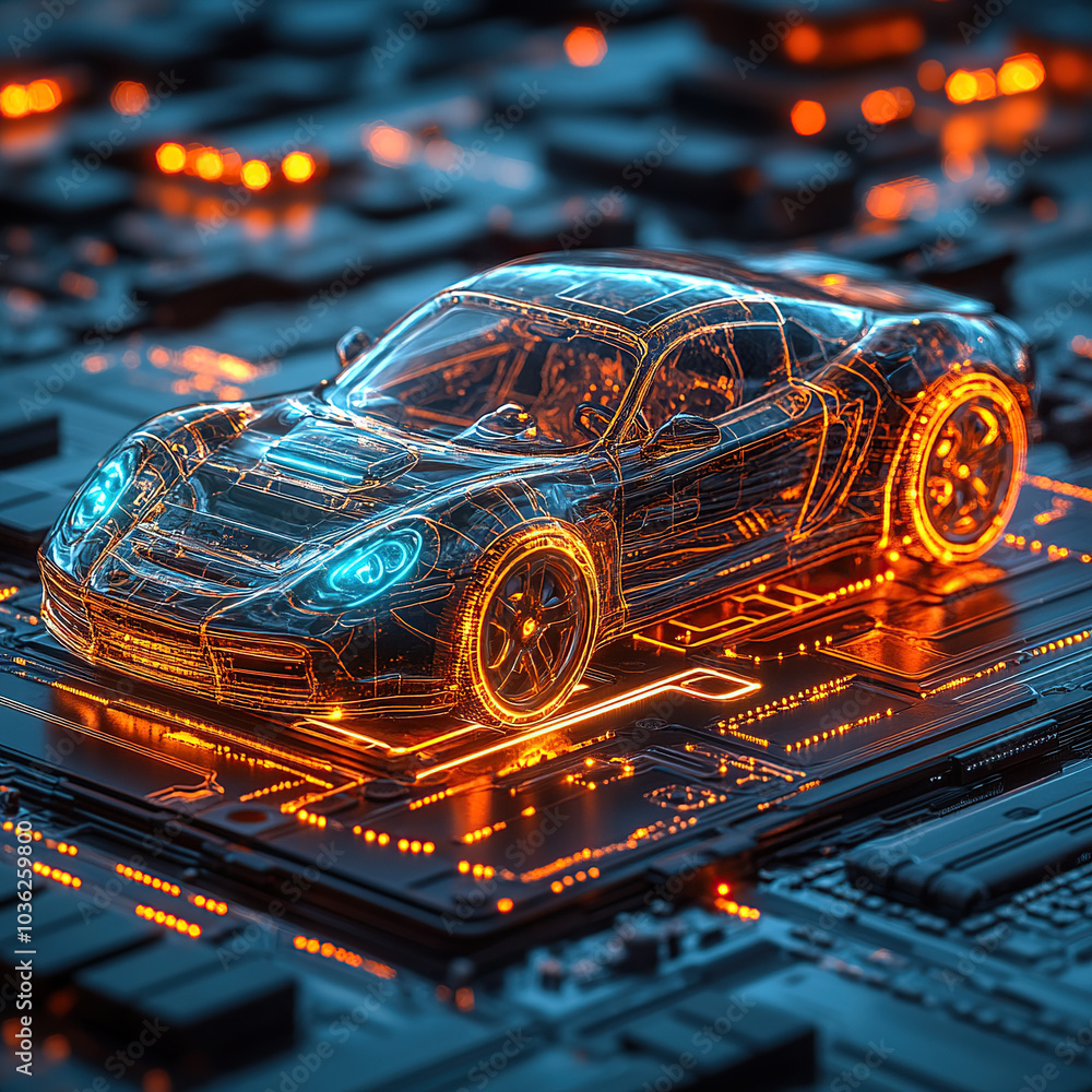 A car with an industrial blueprint is shown in a blue wireframe hologram style on the background of digital technology and circuit board A car with an industrial blueprint is shown in a blue wireframe hologram style on the background of digital technology and circuit board