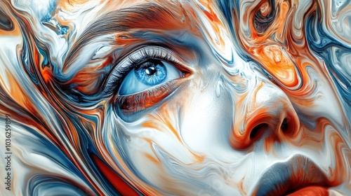 Close-up of a woman's eye with vibrant blue and orange abstract paint strokes.