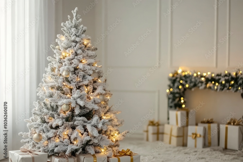 Snow-white Christmas tree, luxury, decorated with a golden garland, with gifts for the day in a stylish light interior, Scandinavian minimalism. Merry christmas, cozy at home, living space living , ai Snow-white Christmas tree, luxury, decorated with a golden garland, with gifts for the day in a stylish light interior, Scandinavian minimalism. Merry christmas, cozy at home, living space living , ai