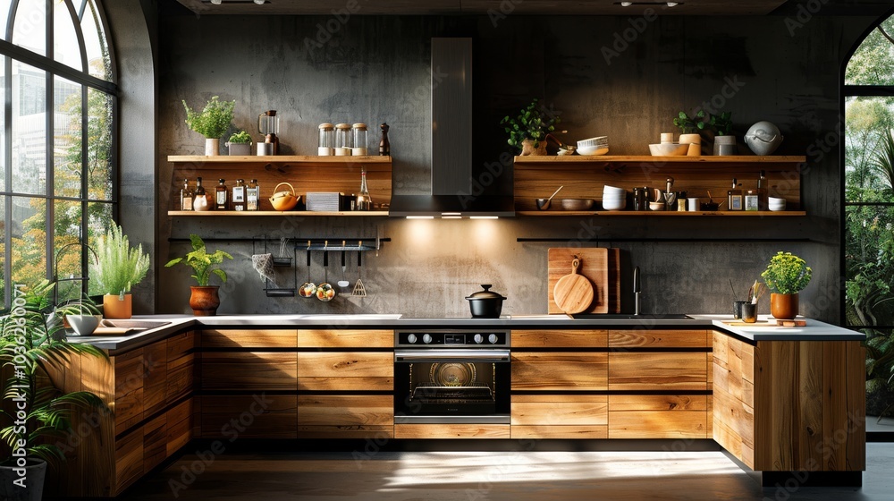 Wooden kitchen with modern appliances and plants by a large window. Concept of stylish and functional home cooking space. For interior design inspiration Wooden kitchen with modern appliances and plants by a large window. Concept of stylish and functional home cooking space. For interior design inspiration
