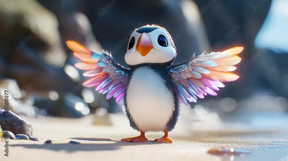 Fototapeta premium 3D Cute Baby Puffin with Pastel Wings Standing