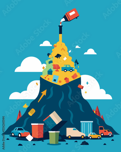 Despite efforts to compact the waste and create additional space the landfill continued to overflow pushing the limits of what it was designed to contain.. Vector illustration