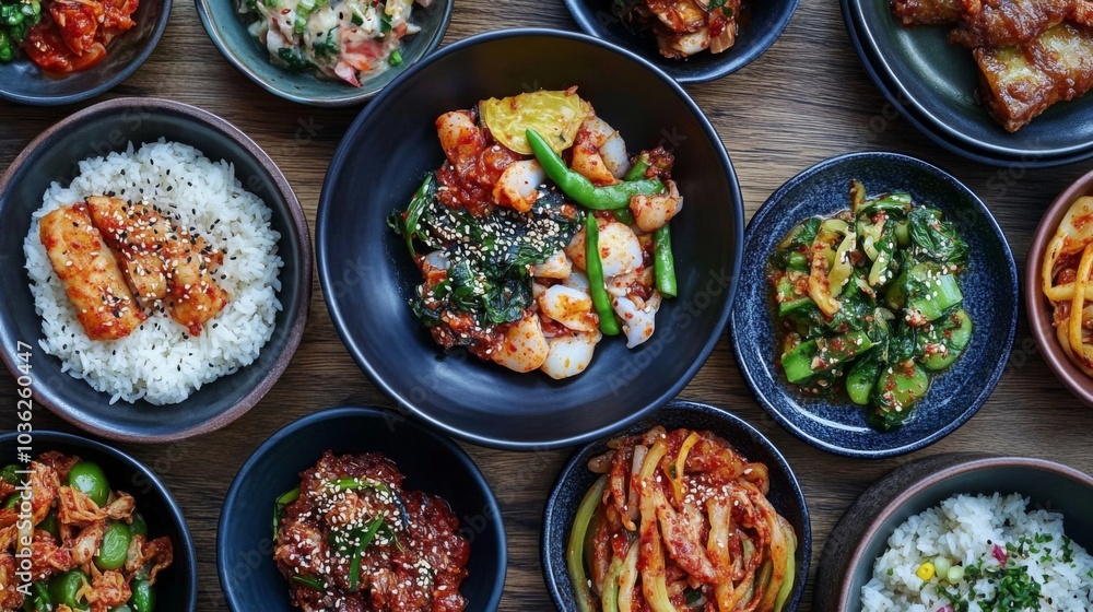 Colorful Array of Asian Cuisine Dishes on Wooden Table Colorful Array of Asian Cuisine Dishes on Wooden Table
