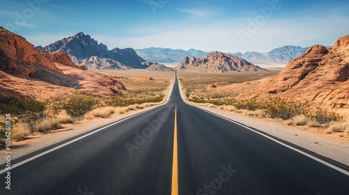 A long, straight road stretches through a desert landscape.