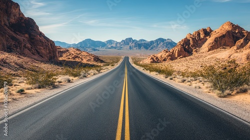 A long, empty road stretches through a desert landscape.