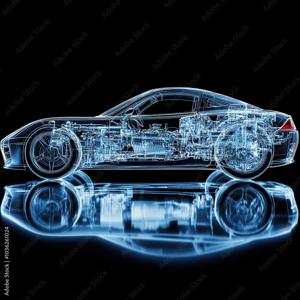 A car's internal structure is displayed in an X-ray style, with blue and white colors against a black background A car's internal structure is displayed in an X-ray style, with blue and white colors against a black background