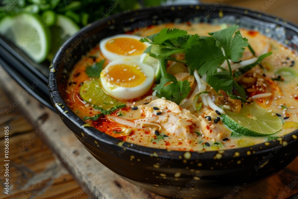 A bowl of Sumpia, an enchanting and creamy ramen-like soup with chicken, quail eggs, coriander leaves, lime, kimchi and other ingredients in a black ceramic bowl on a wooden table A bowl of Sumpia, an enchanting and creamy ramen-like soup with chicken, quail eggs, coriander leaves, lime, kimchi and other ingredients in a black ceramic bowl on a wooden table