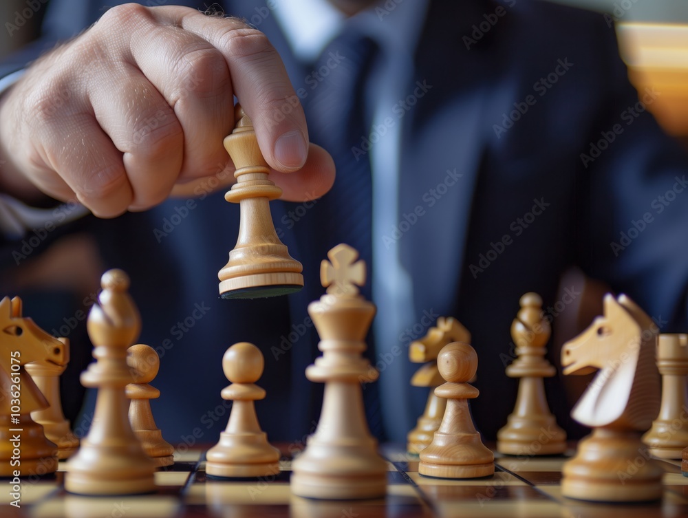 A businessman in a suit playing chess A businessman in a suit playing chess