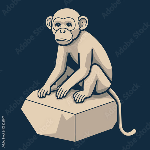 Minimalist vector illustration of a thoughtful monkey sitting on a large geometric rock. Perfect for animal-themed designs, modern illustrations, and minimalistic artwork. 