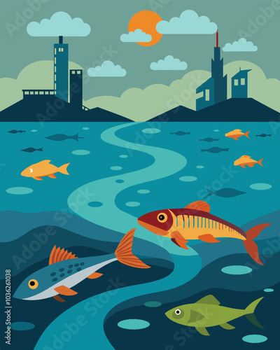 Dead fish and other aquatic creatures float on the surface of the river victims of the toxic chemicals released by factories upstream.. Vector illustration
