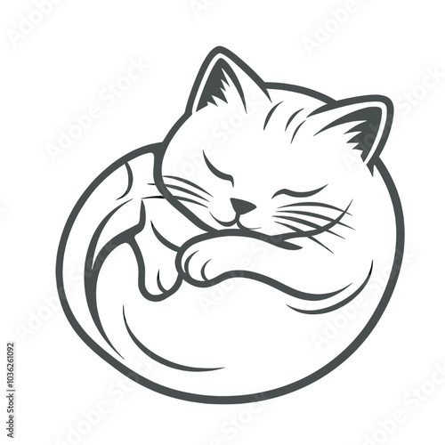 Minimalist vector illustration of a sleeping kitten curled up in a relaxed pose, symbolizing tranquility and comfort. Ideal for pet-themed designs and minimalist artwork.