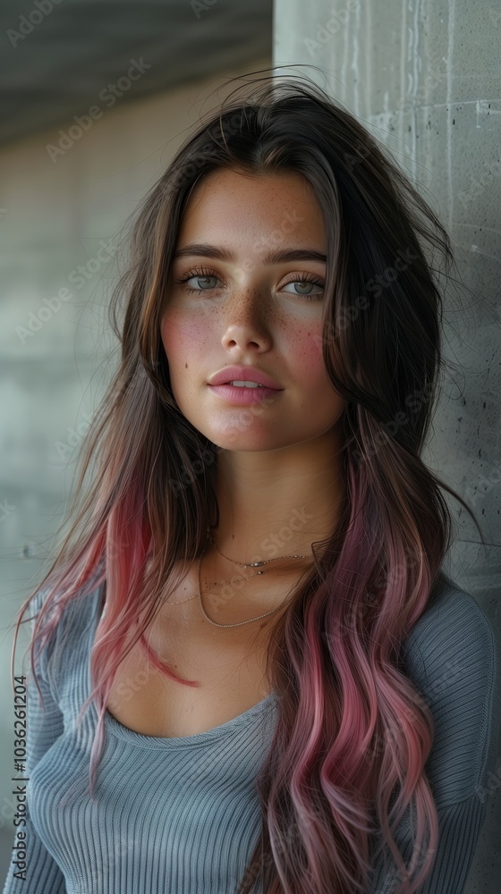 A photo of an attractive American woman with long dark brown hair, with pink ombre color in the roots, looking at the camera A photo of an attractive American woman with long dark brown hair, with pink ombre color in the roots, looking at the camera