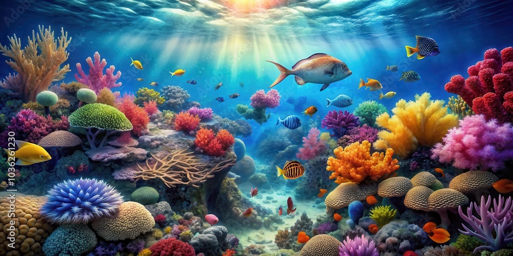 Surreal underwater world with vibrant coral reefs and exotic marine creatures, underwater, surreal, vibrant, coral reefs Surreal underwater world with vibrant coral reefs and exotic marine creatures, underwater, surreal, vibrant, coral reefs