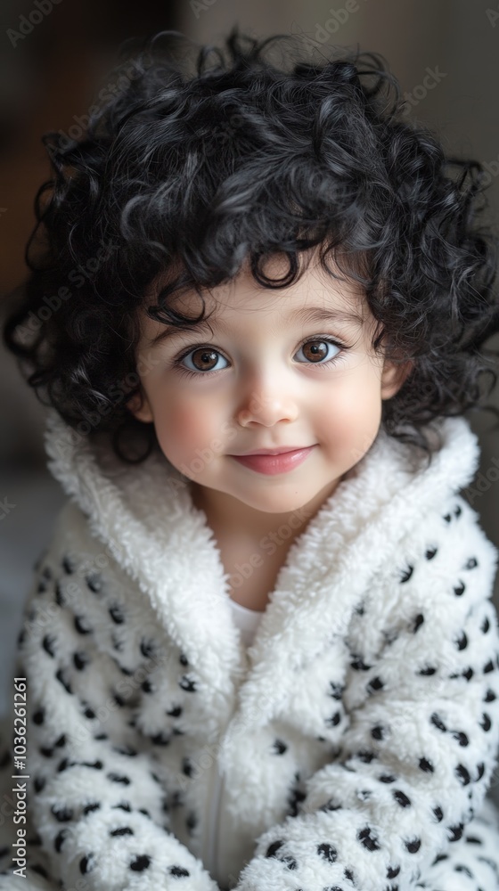 Cute little girl with curly hair wrapped in a hooded dalmatian onesie, smiling sweetly
Cute little girl with curly hair wrapped in a hooded dalmatian onesie, smiling sweetly