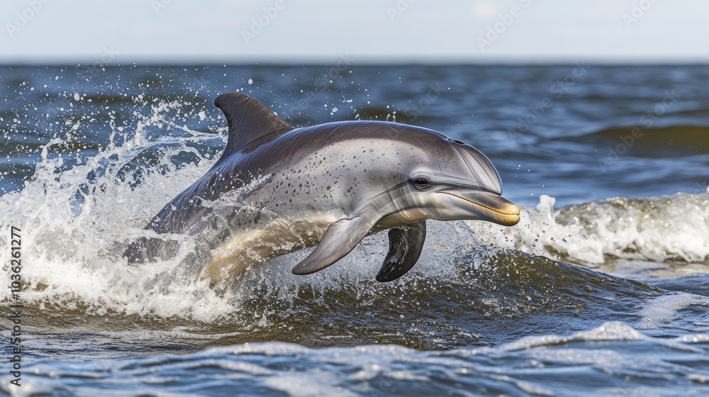 Obraz premium Dolphin Leaping Through Ocean Waves at Sunrise